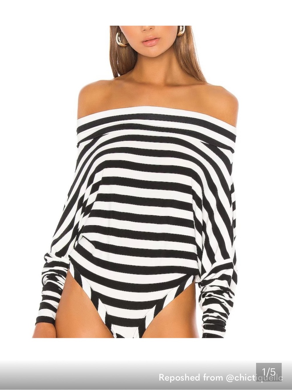 Norma Kamali Black and White Striped Off-Shoulder Bodysuit
